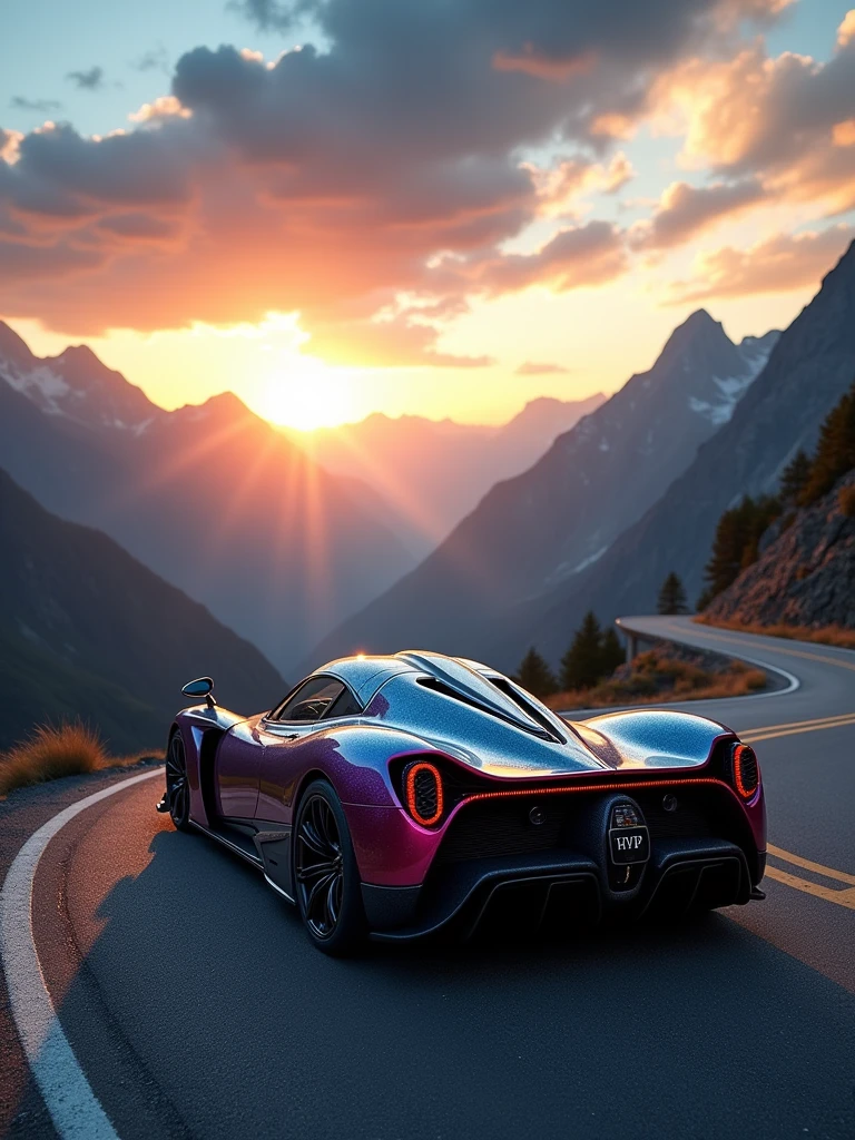 A captivating digital wallpaper showcases a sleek and elegant Pagani Huayra BC, named HVP, parked on a serpentine mountain road. The car's glossy paint job highlights its intricate and complex design, exuding power and luxury. The vibrant sky is filled with a breathtaking view of the azure heavens above and the golden sun setting behind the horizon. The cinematic atmosphere creates a stunning visual treat for automobile enthusiasts., cinematic, photo, vibrant