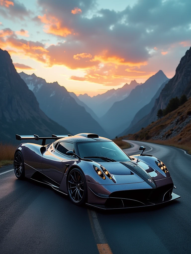 A captivating digital wallpaper showcases a sleek and elegant Pagani Huayra BC, named HVP, parked on a serpentine mountain road. The car's glossy paint job highlights its intricate and complex design, exuding power and luxury. The vibrant sky is filled with a breathtaking view of the azure heavens above and the golden sun setting behind the horizon. The cinematic atmosphere creates a stunning visual treat for automobile enthusiasts., cinematic, photo, vibrant