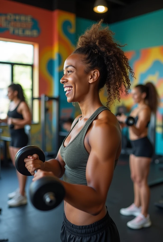 Gym full of beautiful, happy people working out and socializing. men and women 