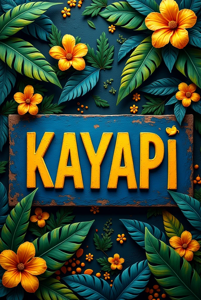 A banner with the words KAYAPÓ written in dark blue and yellow colors representing Brazil