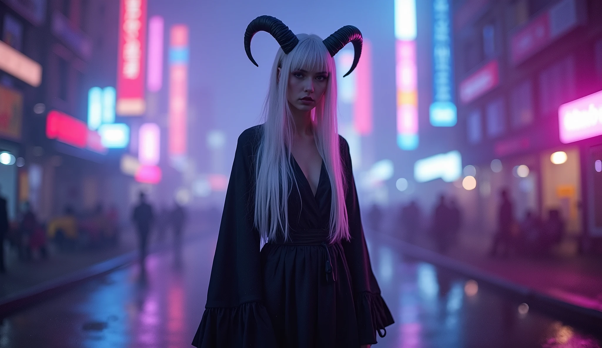 pictorial photography, Full length photo, a woman stands on the outskirts of the city, face turned towards the viewer, She wears a long robe, flared long sleeves, Clothes in black and white, white long hair, with horns, directed downwards, Cyberpunk background, violet, BLUE, and pink lights