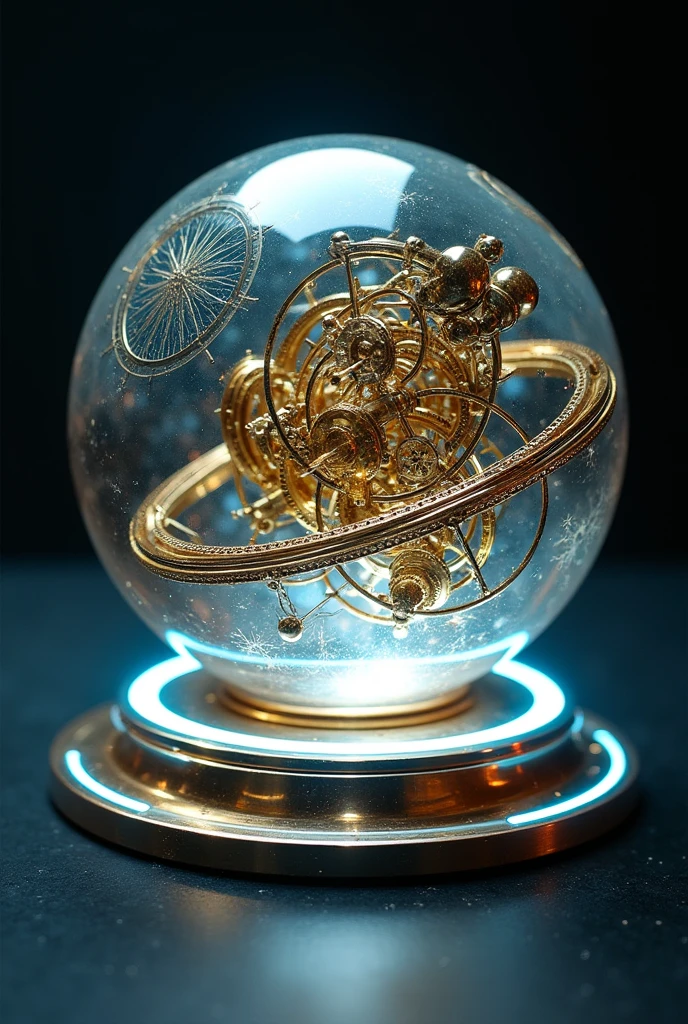 A floating orb made of polished crystal and gold metal, with complex gears and internal mechanisms visible through its translucent surface. The orb is surrounded by rotating rings that emit a soft blue glow and constantly change position., reflecting the schemes of their designs. Engravings of sketches and inventions adorn the structure, and the globe seems to vibrate with an inexhaustible creative energy.

