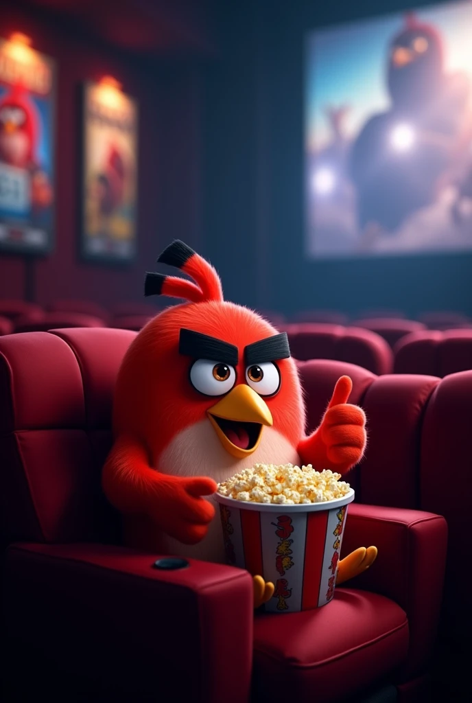 Red angrybirds alone eating popcorn making thumbs up sign in a movie theater.
