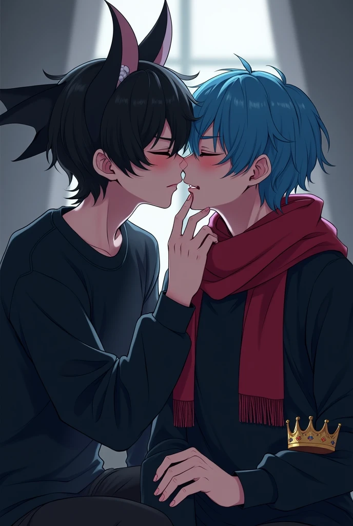 Create an anime image of two 19 year old boys,one is called Bat he wears a black sweatshirt,her hair is black with two bat wings,the other one is called Sdepy he wears a black sweatshirt with a red scarf,her hair is cyan and she wears a crown and is on her lap,the two are kissing, saliva coming out,they are in a dark room 