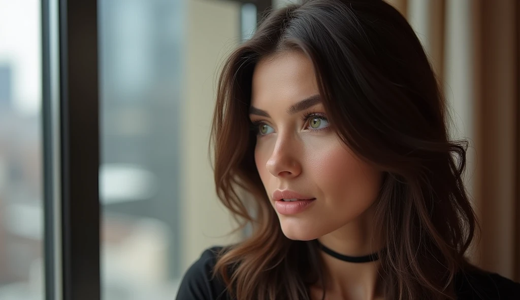 30 year old brunette MILF woman with (((Breasts huge ))) photographed from the side AND A LITTLE FAR AWAY , she is relaxing in a 5 STAR RESTAURANT IN NEW YORK, this'natta, HUGE WINDOW IN THE BACKGROUND AND BIG BUILDINGS , greeneyes. (long brown hair ), realistic and face detailed, beautfull woman, face detailed, work of art, NSFW style, Beautiful ultra detailed and realistic 8k model, hourglass-body, Wear SMART micro pants and a SMART shirt, sexly, photorrealistic. Sony Alpha 77