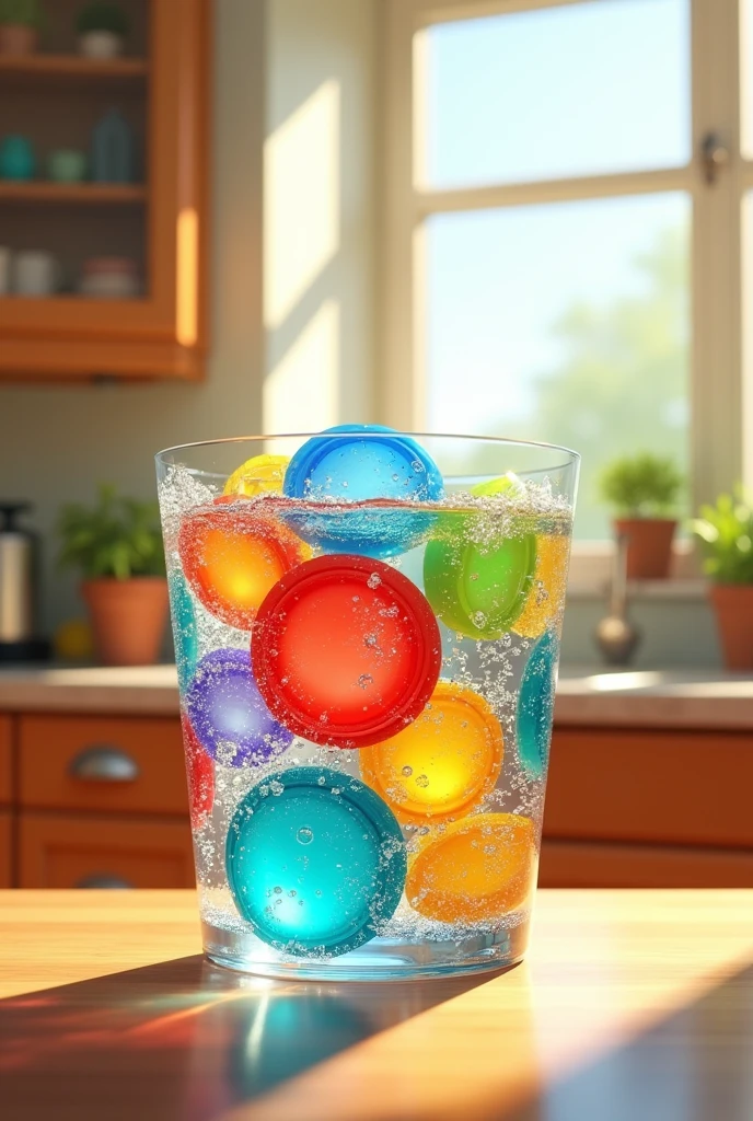 create an animated image, from a water container with plastic lids inside