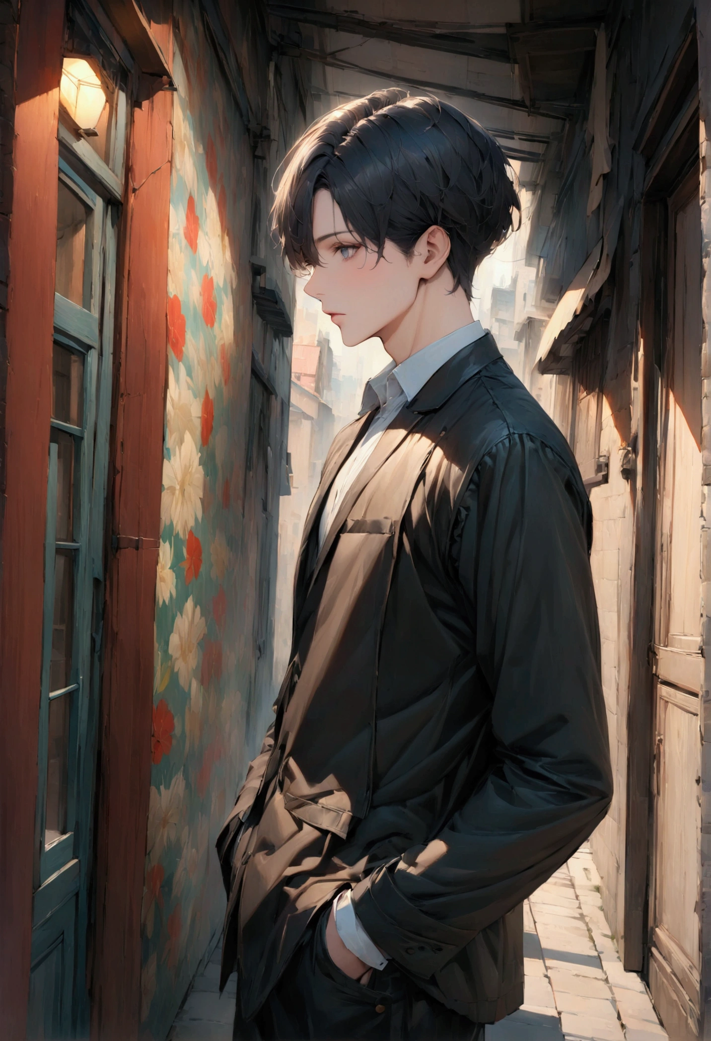 (masterpiece:1.3),(最high quality:1.4),(Very detailedな:1.5),High resolution,Very detailed,8k,artwork,High level of detail,rendering,high quality,Wide range of colors,wallpaper, alone, good looking, 1 male, short hair, Pink and black hair, Grey Eyes, Hands in pockets。The background is a back alley in the city、Model shoot