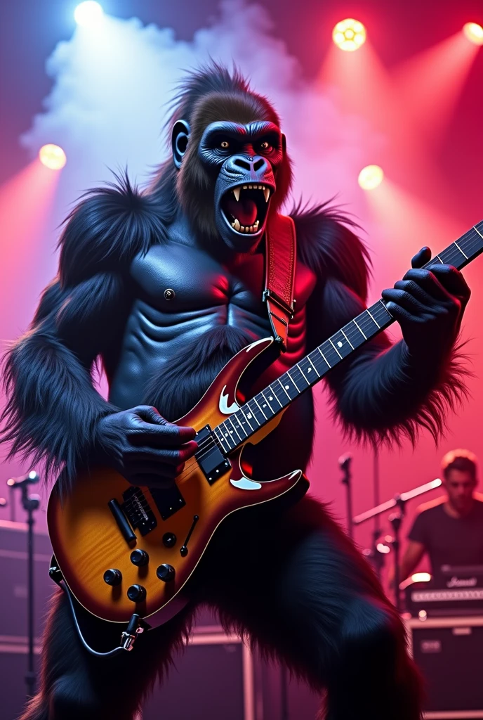 a rockstar gorilla playing guitar, highly detailed, illustration, ultra-detailed, 8k, (best quality,4k,8k,highres,masterpiece:1.2),ultra-detailed,(realistic,photorealistic,photo-realistic:1.37),vibrant colors,dramatic lighting,cinematic angle,dynamic pose,intricate fur details,expressive eyes,detailed facial features,skilled musician,shredding electric guitar,stage performance,smoke effects,concert venue,crowd in background