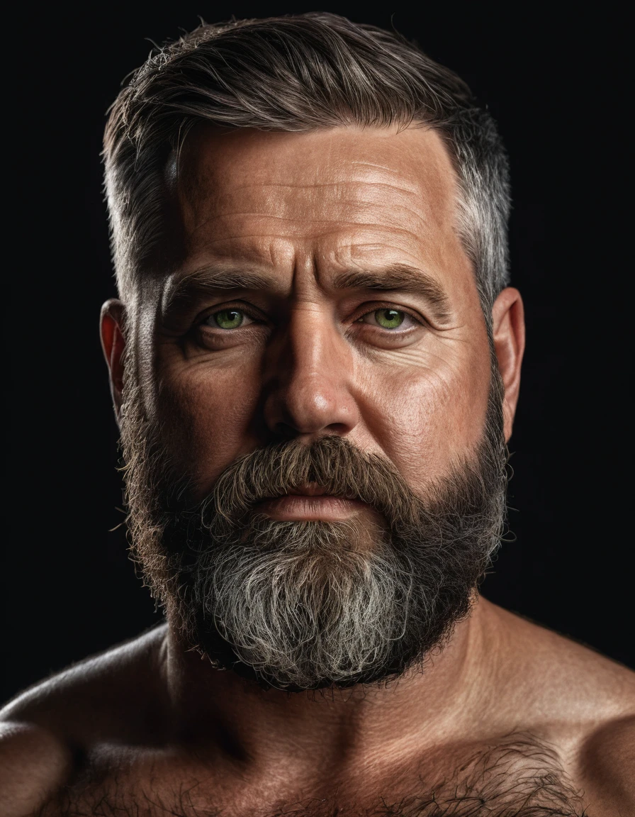 "Capture an 8K, hyperrealistic portrait of a man around 50 years old. He has very short military-style fade haircut, with a rugged beard that gives off a lumberjack vibe. His piercing green eyes gaze directly at the viewer. The very realistic scene shows the man from the chest up, revealing his very realistic heavily hairy chest and the top of his stomach, showcasing a chubby physique. He is shirtless against a deep black background, with a clear, bright studio lighting effect illuminating evenly across his face and body. The image should focus on the intricate details of his facial features, very realistic beard texture, and chest hair, very realistic beard, very realistic detailed neck, very realistic lips, rendered in the hiperrealista style. Drawing inspiration from Greg Rutkowski's photography, maintain a high level of realism while highlighting the man's rugged and natural appearance."