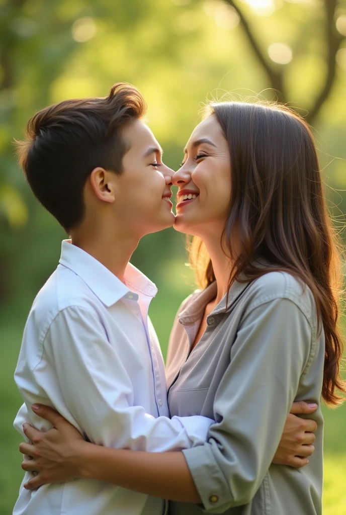 couple ,Woman giving kisses on the forehead to the boy, the boy is smiling, he has a white shirt and the girl a light gray shirt