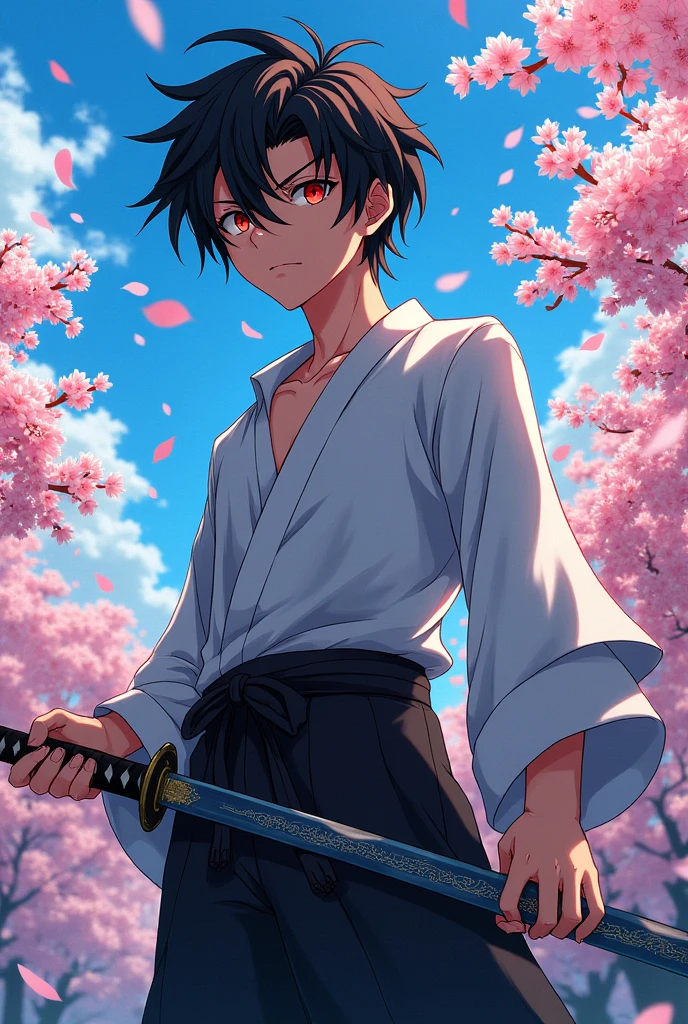 17 year old boy with black hair, red eyes, with a katana, anime art style