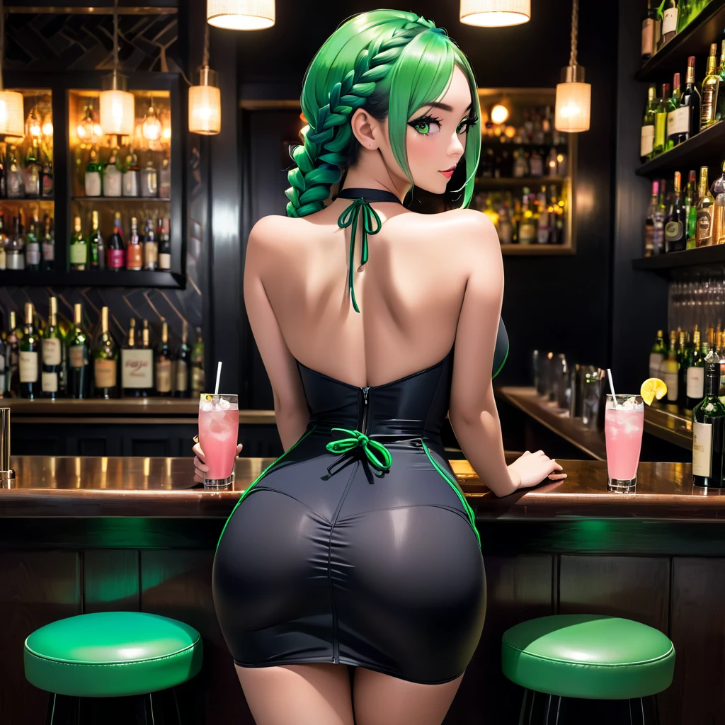 Three women at the bar, sitting on bar stools, view from behind. A dimly-lit, cozy bar, exuding an air of intimate decadence. A dimly-lit, cozy bar, exuding an air of intimate decadence. Naz a beautiful-looking young woman, green eyes, female, 30, blond shoulder-length asymmetrical hair, long legs, medium perky breasts, medium size round ass, slingshot swimsuit, tight black mini skirt, black high pumped heels. Vin a beautiful-looking girl, blue eyes, human, female, 25, vibrant green hair styled in middle-parted double braids, long legs, medium perky breasts, slim and sexy figure, slingshot swimsuit, tight black mini skirt, black high pumped heels. Jae a beautiful-looking asian woman, golden eyes, human, female, 25, pink pixie haircut, long legs, large perky breasts, slim and sexy figure, wearing slingshot swimsuit and micro skirt, high pumped heels. The three of them are engaged in a sultry conversation, their drinks casting an alluring glow on their faces. All women have beautiful new anal butt plugs inn their asses.