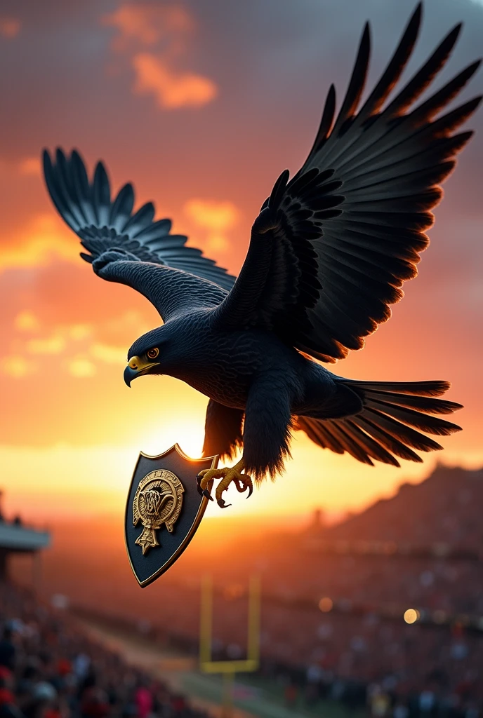 generates an epic image of a black falcon spreading its wings with a golden shield It&#39;s for a football team 