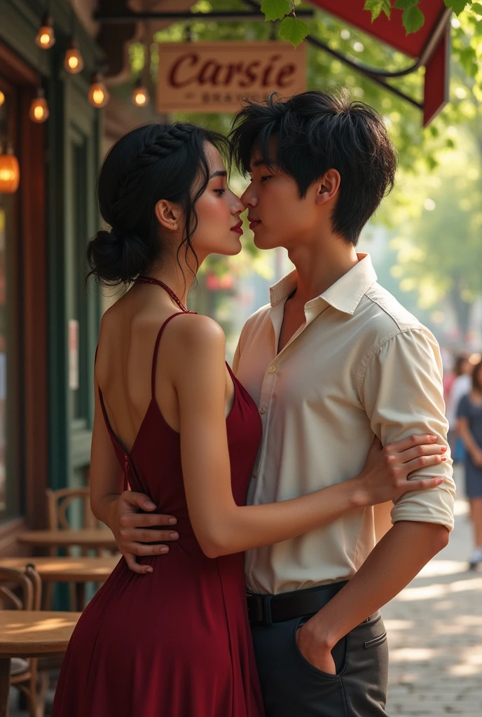 A woman black hair thats a braided wreath, a short bordeaux red dress with small carriers, outside a caffee. Realistic but not too realistic
Her dress is narrow
Next to her a boy with black tousled hair and He has no beard. kissing her. Her arms around his neck his hand on her hip