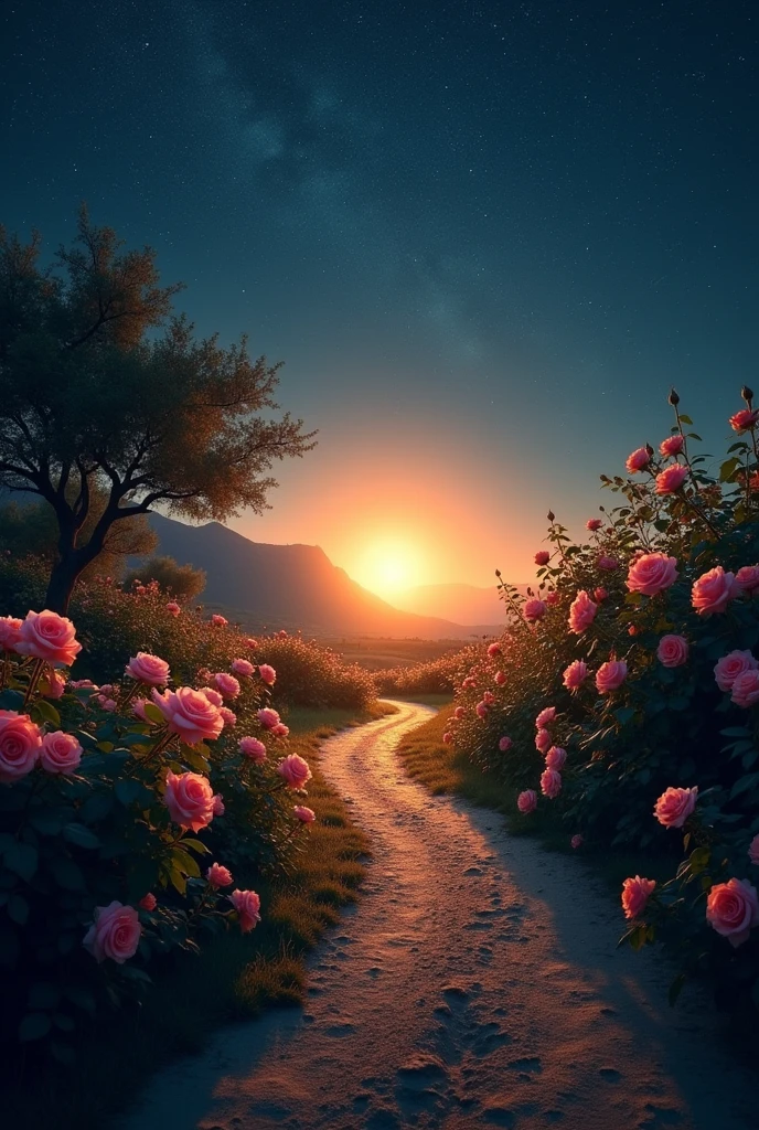 An image that is dark around, and in the center a light like a light at the end of the tunnel, with a path in the middle, below, rose bushes with thorns that gradually form roses on the sides of the leaf, above a starry sky as if it were hope. in the central part empty space to add text