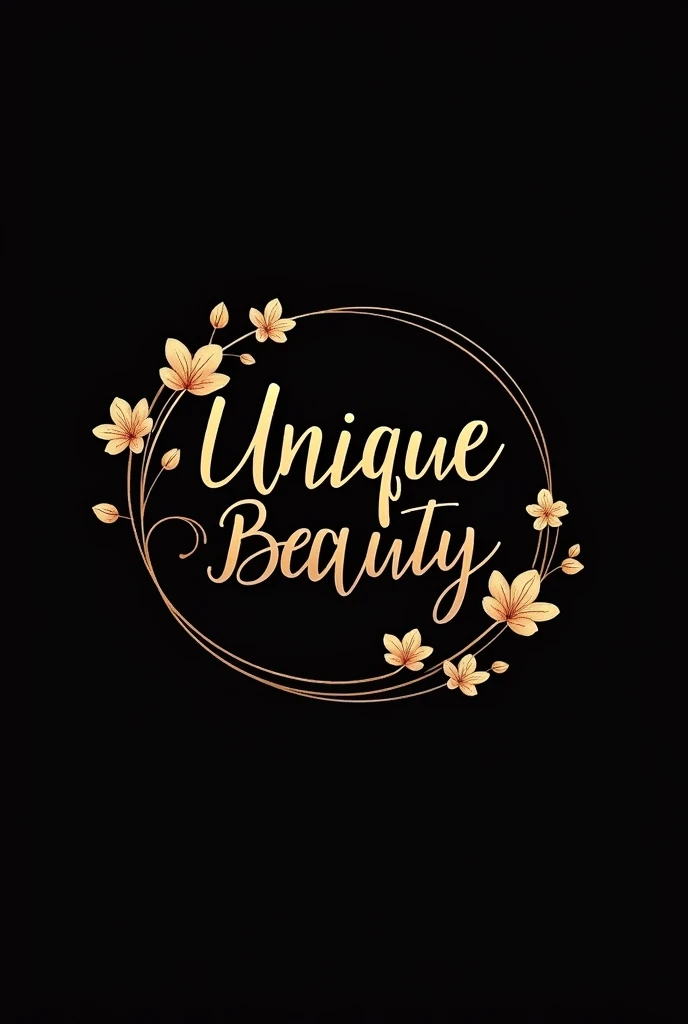 A logo with gold handwritten letters and a dark background with the name Unique Beauty, with flower-shaped details