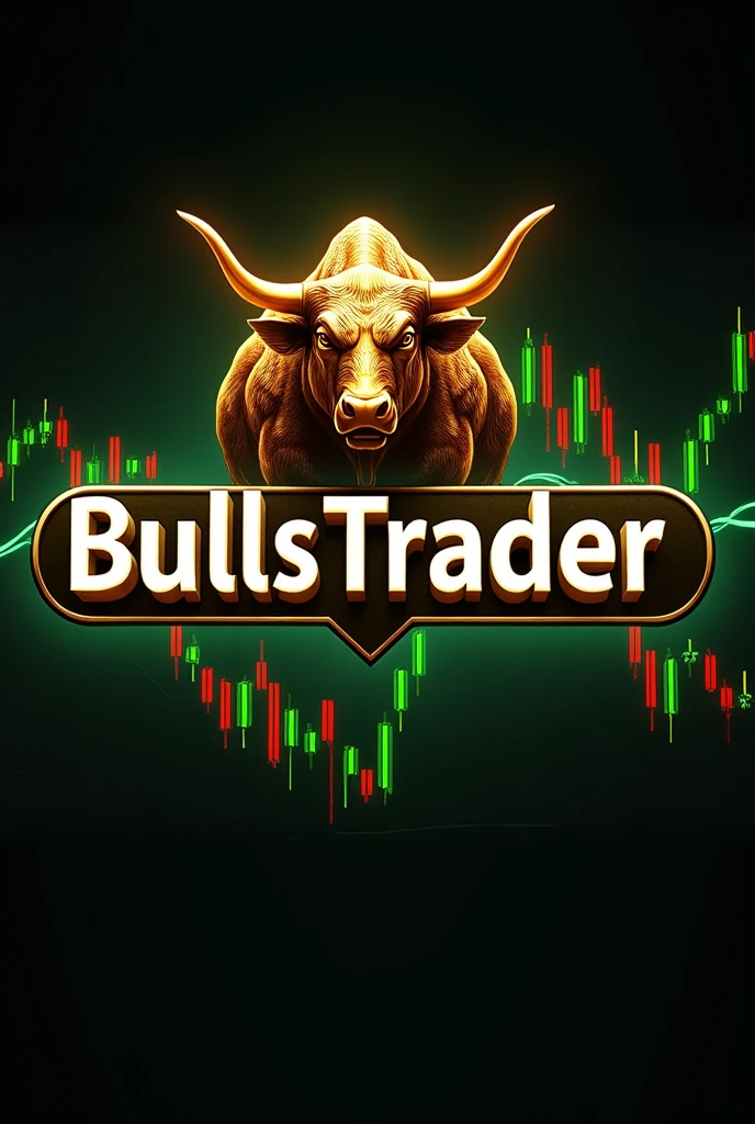 A logo with financial market charts in the background and the word BullsTrader highlighted in the center with a golden bull next to the name