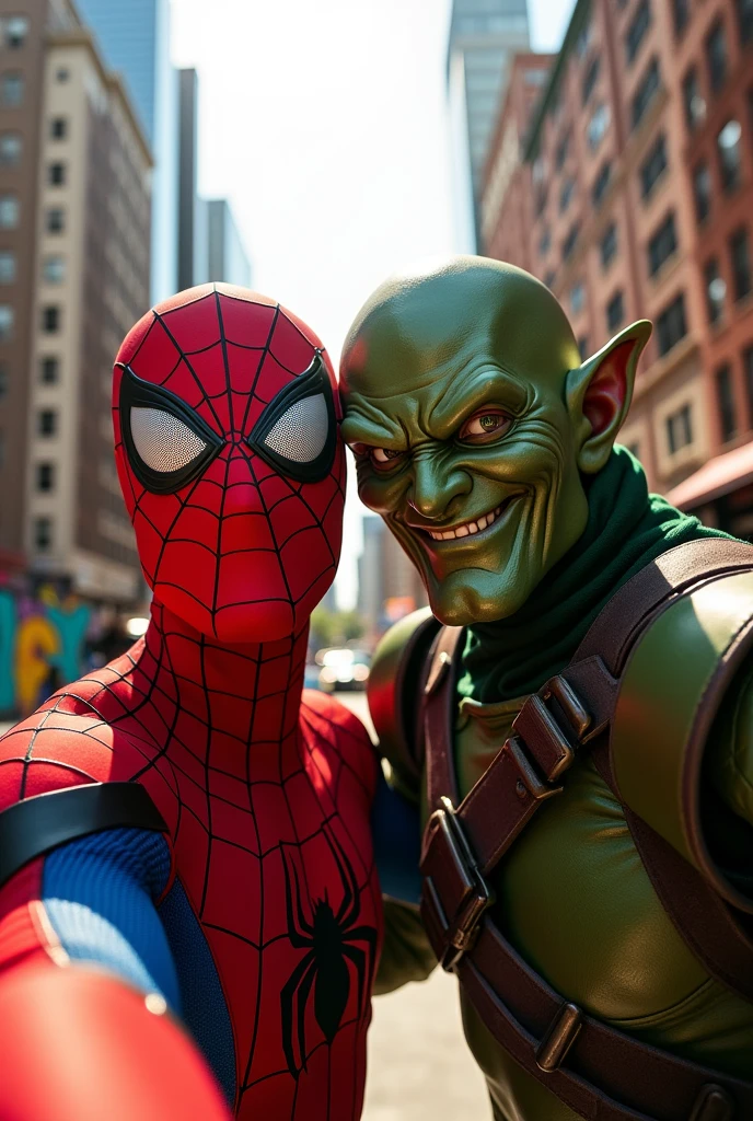 spiderman and green goblin taking a selfie