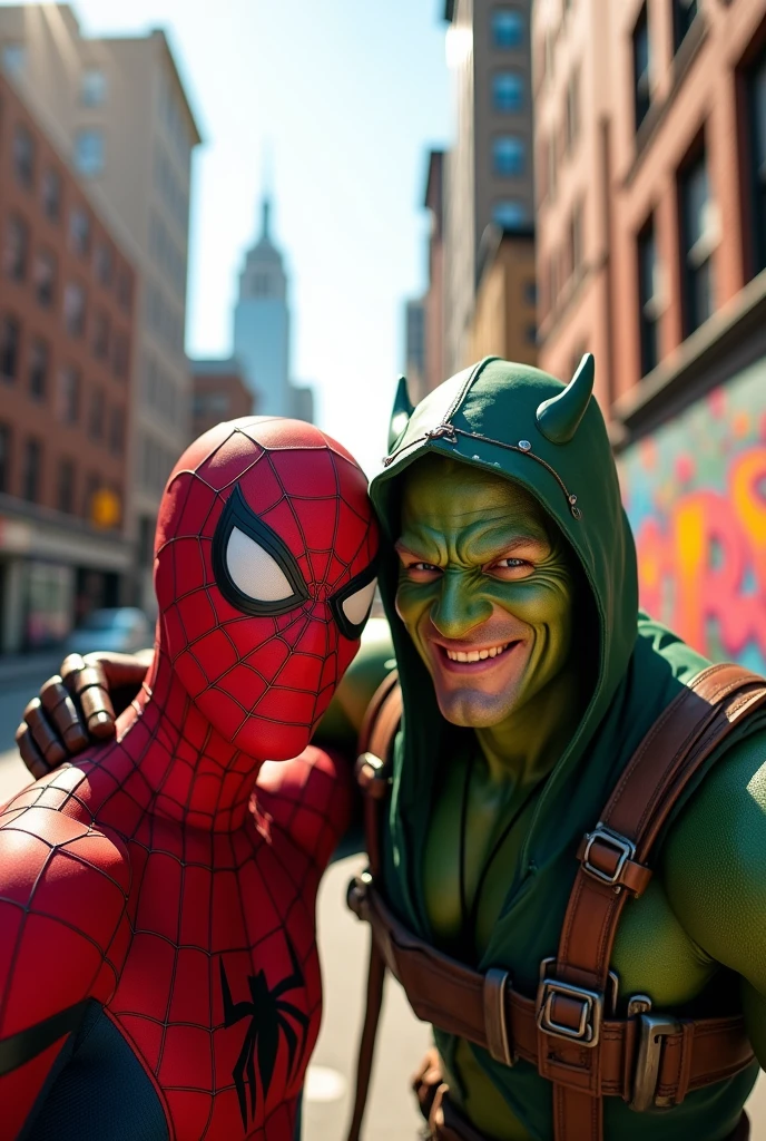 spiderman and green goblin taking a selfie
