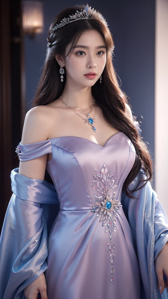 There was a woman in a Rose Colour dress,Wearing a necklace,((a beautiful fantasy empress).inspired by Sim Sa-jeong,Azure.detailed hairs,winter princess,LCE Princess,Guvez-Steville artwork,8K)),fantasy aesthetic!.Guviz,Ice Queen,8k high-quality detailed art.