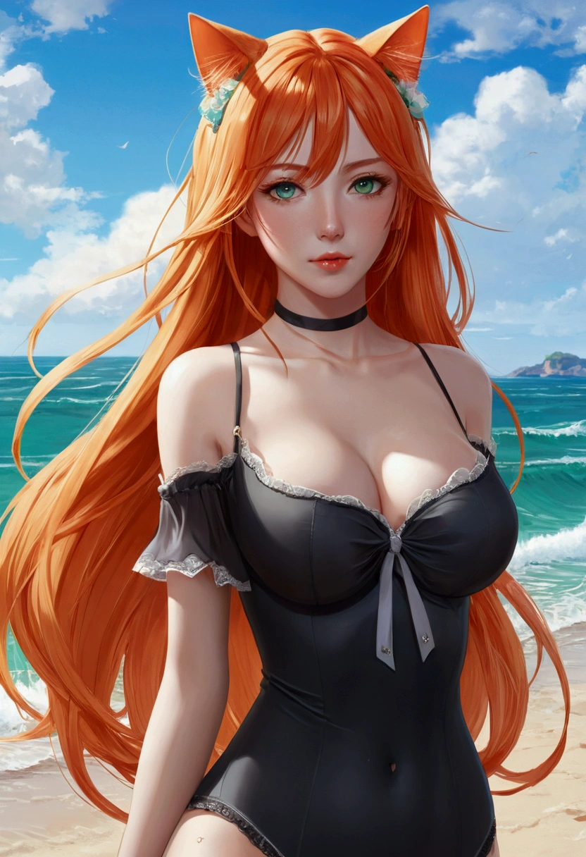 anime girl with long orange hair standing on beach near ocean, green eyes detailed digital anime art, cat ears, , anime girl with long hair, smooth anime cg art, anime girl with long hair, average breast size, digital anime art, artwork in the style of guweiz, beautiful anime portrait, photorealistic anime girl render, beautiful anime girl, advanced digital anime art, pantyhose, guweiz on artstation pixiv upscale HD UHD HQ