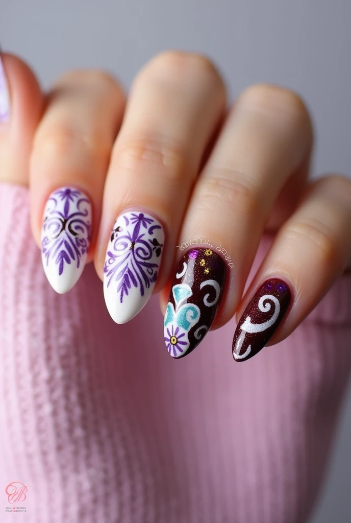 Almond shaped nails in white, lilac Talavera poblana design on some nails and on others wine-colored Talavera poblana design