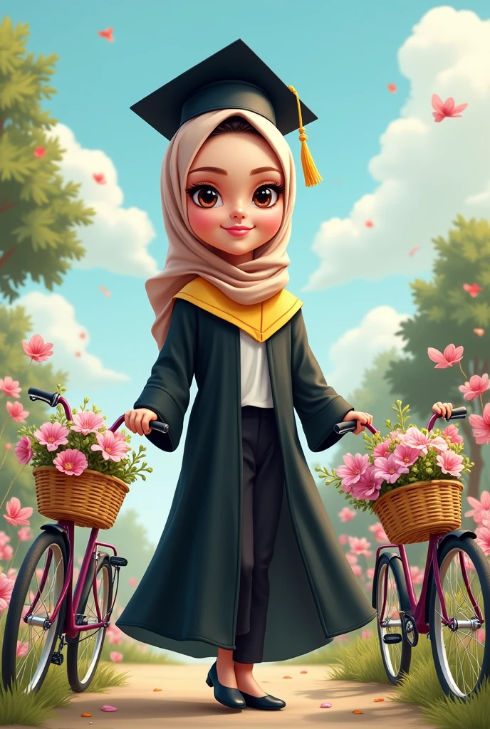 Realistic Karikatur, A women wearing hijab, pastel brown color hijab, wearing black graduation hat, wearing pastel blue graduation hood with yellow color on the edge, wearing black graduation gown, Long graduation gown that covers the ankles, wearing black shoes, , flower garden background , Bicycle background with flower basket , kawaii theme designs, kawaii poses