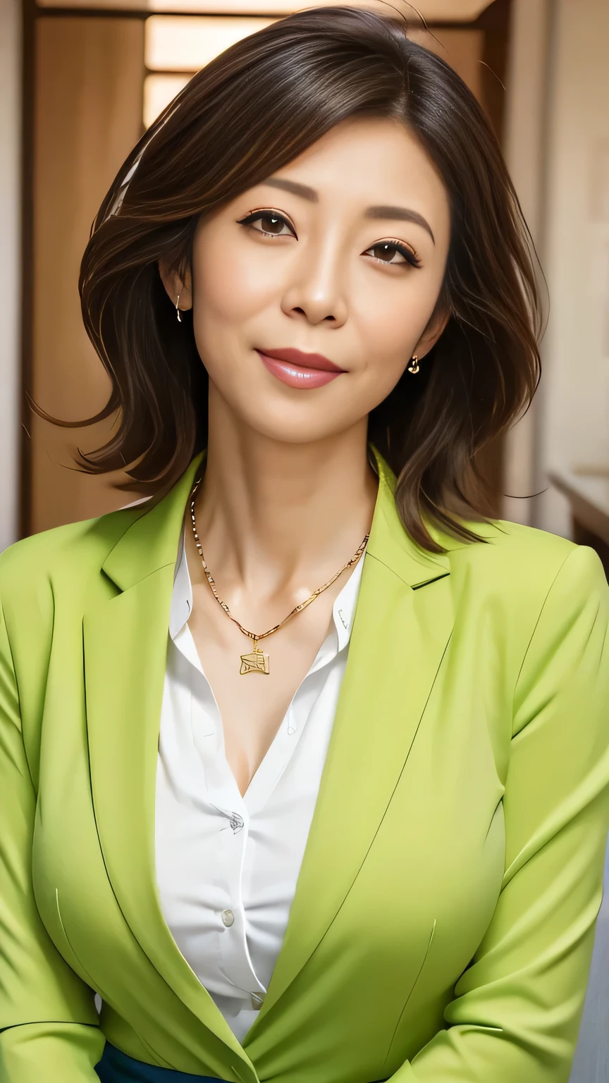 Highest quality:1.2), RAW Photos, High resolution, Very detailed, Intricate details, Japanese women、40 years old、(Realistic facial wrinkles:1.3), short hair、ear piercing、smile、Black Hair, (Front view, ), Clear beauty, Necklace around the neck、, Upper Body, (High quality fabric, Office Lady Suit Fine Grain, Detailed face, indoor, Center the screen、