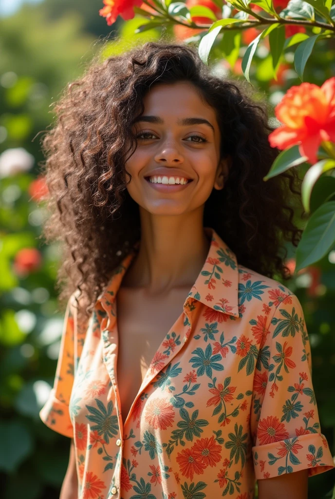A Brazilian woman in a lush tropical garden, wearing an open shirt with a floral print, with a close-up capturing the harmonious beauty between her breasts and the natural flowers, showing off your natural charm and outgoing personality.