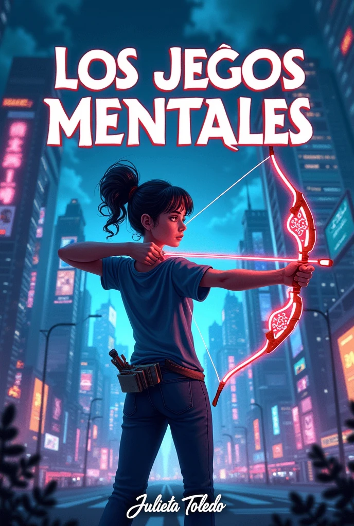 Book cover with the letters "The Mind Games" at the top, a  girl standing using a bow and arrow in a futuristic background, and at the bottom the letters author Julieta Toledo, the letters must be in Spanish