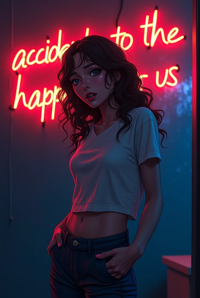 (have to pee, mortified gasp, tearing up expression, holding her crotch, full bladder, peeing herself, pissing accident, blush, brow sweat, completely wet pants), Brown hair . beautiful woman with curly hair, worried face, dark room neon cyberpunk at night coordinator neon glow,In the room the sign glows and shimmers in neon light"accidents happen to the best of us"Anime style,Beautiful colors,Living picture,masterpiece,detailing