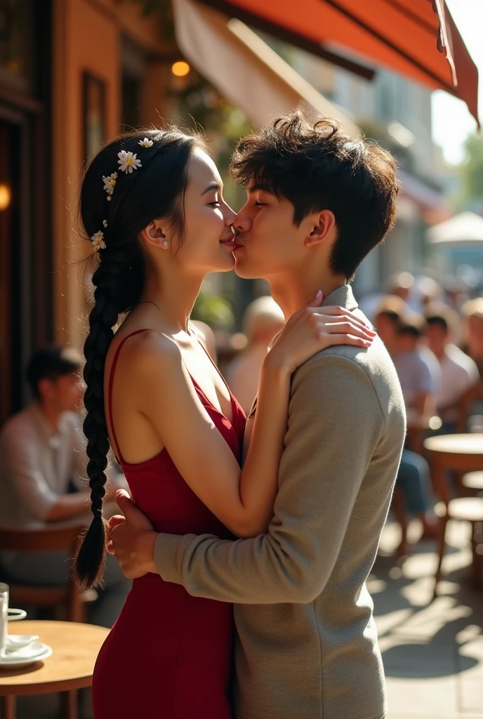 A woman black hair thats a braided wreath, a short bordeaux red dress with small carriers, outside a caffee. Realistic but not too realistic
Her dress is narrow
Next to her a boy with black tousled hair and He has no beard. kissing her. Her arms around his neck his hand on her hip