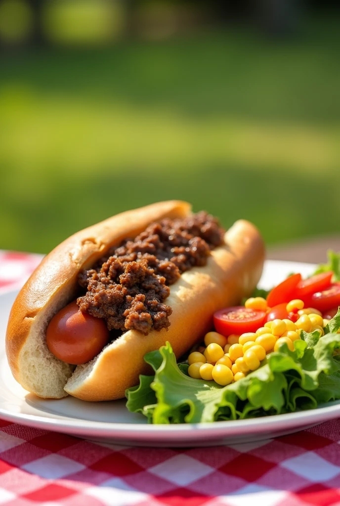 Hot dog with ground beef sauce, corn and lettuce and tomato salad