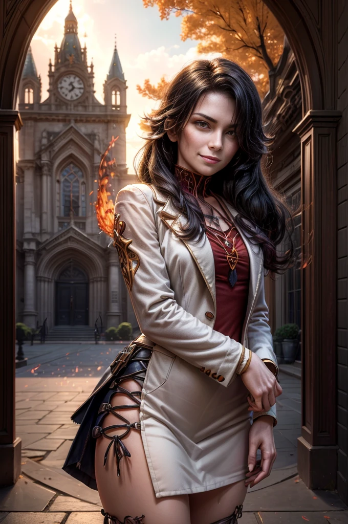 (masterpiece, best quality:1.2), cowboy shot, solo, 1girl, cinder fall, evil smile, holding flames, looking at viewer, long hair, white suit, red shirt, tie, standing outside huge gothic building, trees, (volumetric lighting), sharp focus, hyper detailed