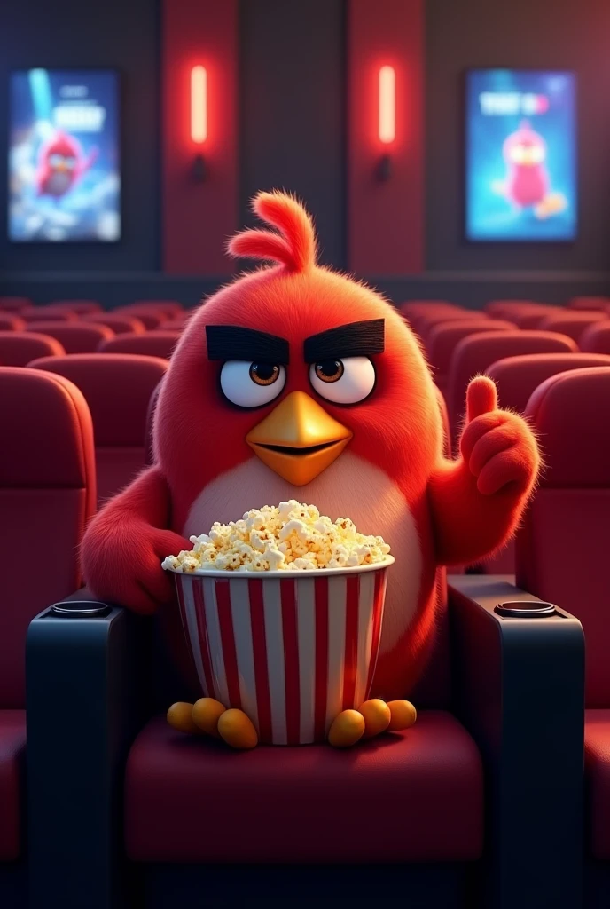 A character similar to Red Angrybirds alone eating popcorn making thumbs up sign in a movie theater.