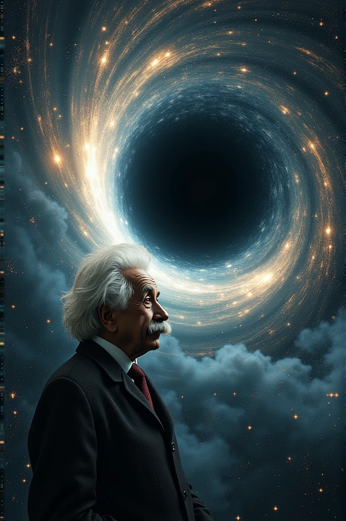 Giant black hole absorbing Albert Einstein and many numbers around being absorbed by the hole