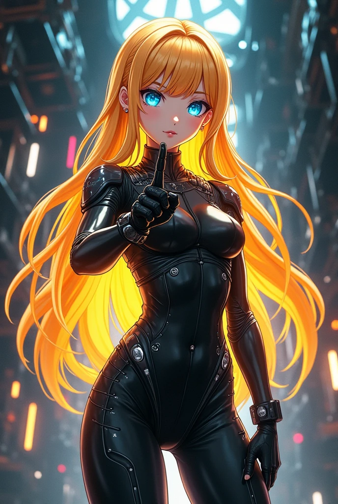 **prompt:**
「Futuristic anime girl、With long flowing hair、Now it has turned a shining gold.。Her hair emits a soft yet powerful aura.。She has bright blue eyes、Wearing a black cyberpunk-style bodysuit、Exquisite mechanical detailing。She has cybernetic enhancements in her arms and legs.、highlighting her highly technical presence。High-definition camera with finger、The surrounding area is filled with machinery, glowing lights and metal structures.。The background is a dark cyberpunk environment.、Her golden hair stands out。」
---
このpromptを使えば、You can generate a version of the picture in Japanese with golden hair and an aura.。
