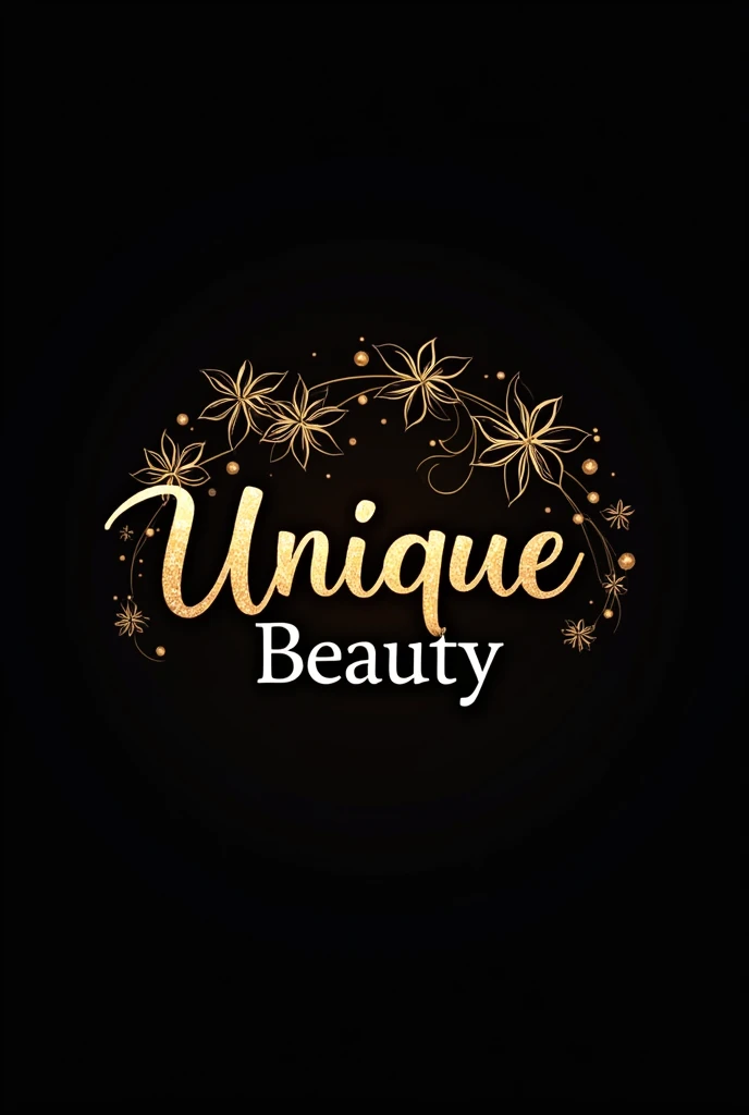 A logo with gold handwritten letters and a dark background with the name Unique Beauty, with flower-shaped details 