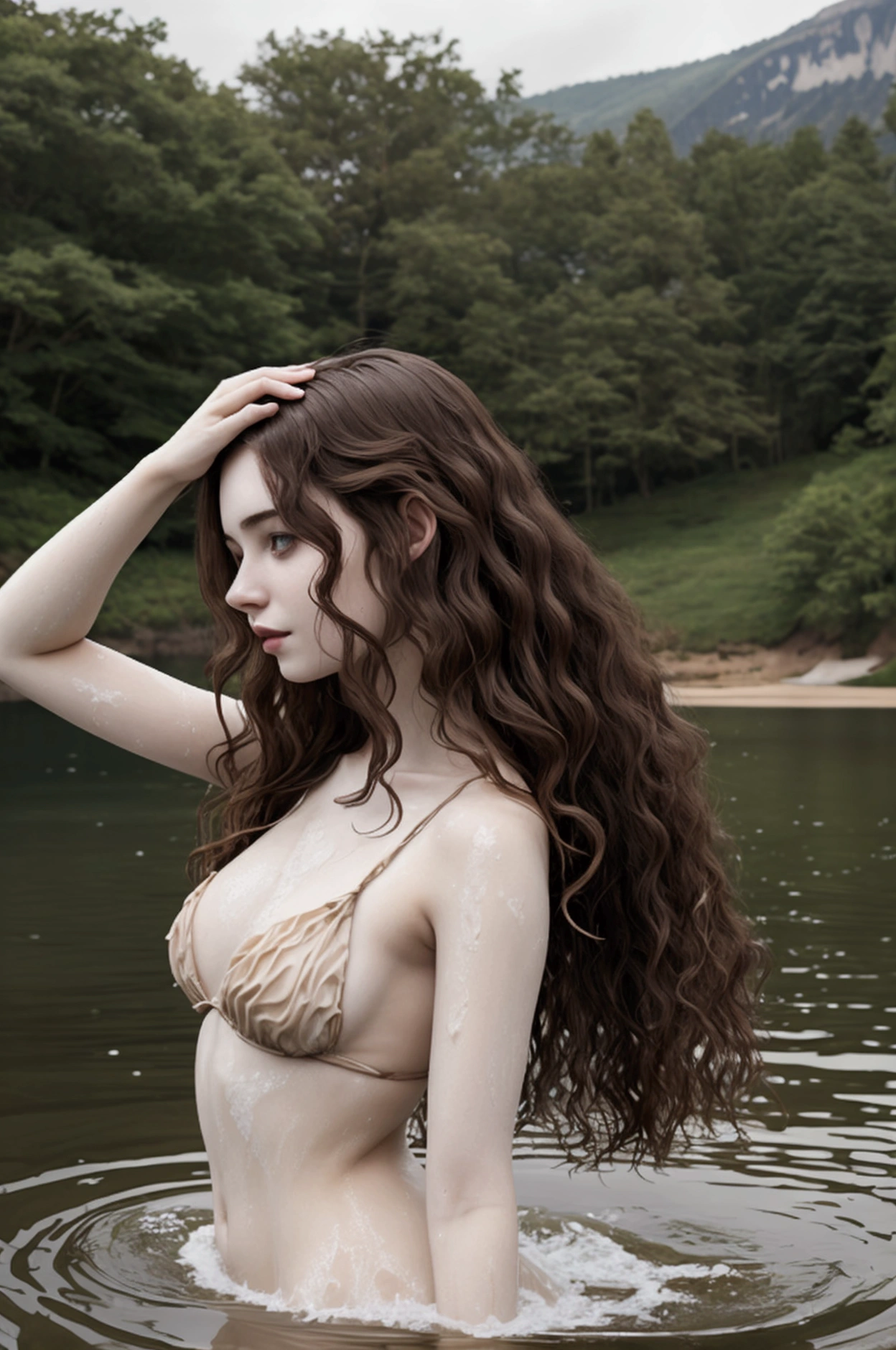 Woman, natural body, pale skin, brown and wavy hair, crouched bathing on the edge of a lake, bathing pose