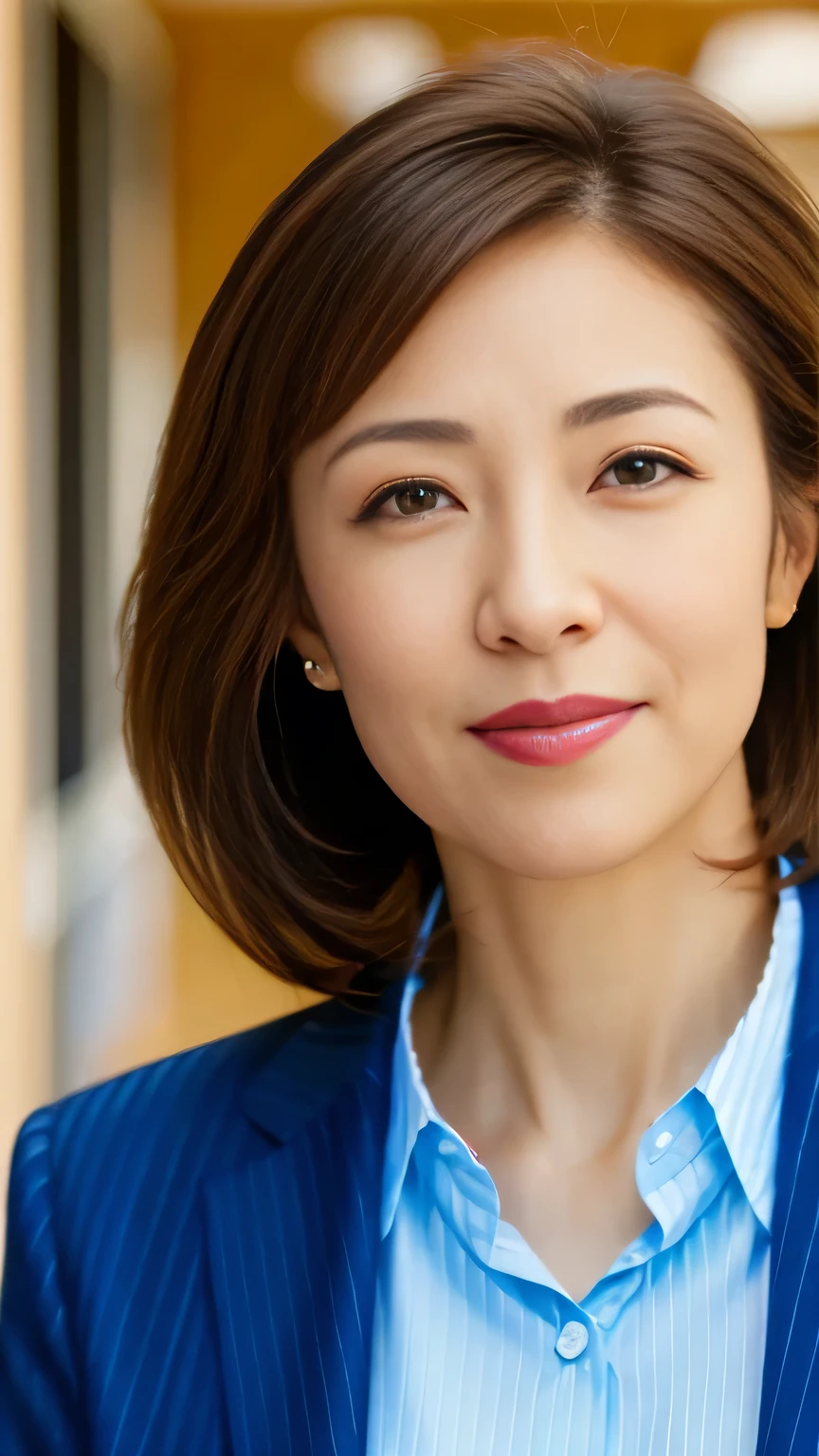 Highest quality:1.2), RAW Photos, High resolution, Very detailed, Intricate details, Japanese women、40 years old、(Realistic facial wrinkles:1.3), short hair、ear piercing、smile、Black Hair, (Front view, ), Clear beauty, Necklace around the neck、, Upper Body, (High quality fabric, Office Lady Suit Fine Grain, Detailed face, indoor, Center the screen、