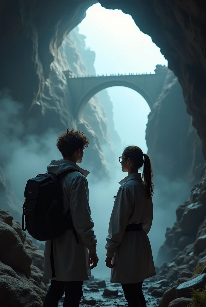 Two scientists, a young man and a woman, looking out from a dark cave at a cliff with a bridge collapsed in half that connects to another cave . And an old scientist. With a foggy atmosphere. And this can be seen from the back of the two scientists 