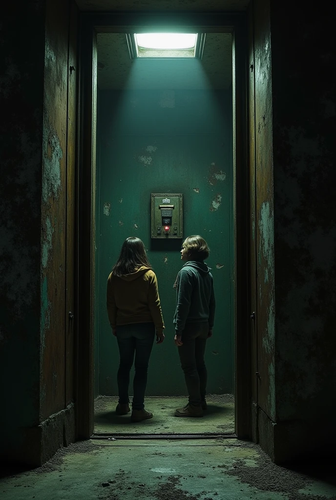“It's time to get out of here!" Emily exclaimed, and together they began to search for an emergency button. After a few moments of searching, They found an old control panel covered in dust. With trembling hands, Emily pressed a button that, To his surprise, made the elevator start moving again.