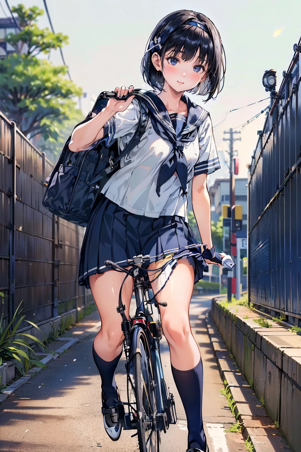 One Woman, (Beautiful woman, delicate:1.3), Black Hair, (bob cur:1.4), bangs, 8k, Highest quality, masterpiece, Very detailed, Ultra-high resolution, Realistic, RAW Photos, Absolute Resolution, Black Hair, (dark blue sailor uniform:1.4), (long dark blue pleated skirt:1.4), (Realistic junior high school student:1.4), (White headband:1.4), Small breasts, expensive, Bright Blue Eyes, (In front of the school gate), smile, (standing pose:1.4), (one school bag on shoulder:1.4), (long skirt:1.4), slender female body, (Blur the background:1.4), (looking at the camera:1.4), (glossy hair), (get on a bicycle:1.4), (Sprint on a bicycle:1.4), School Bicycle, The bicycle is running, 