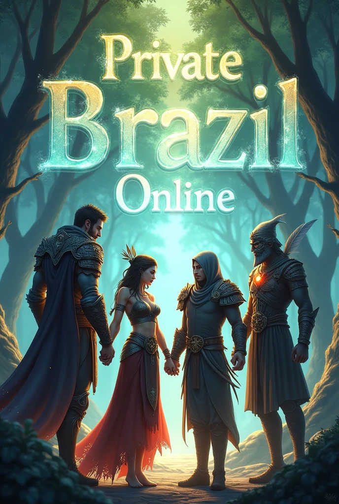 A screenshot from the game Metin2, with a warrior, a ninja, a shaman and a shura holding hands and, over their heads, Written "Private Brazil Metin Online"