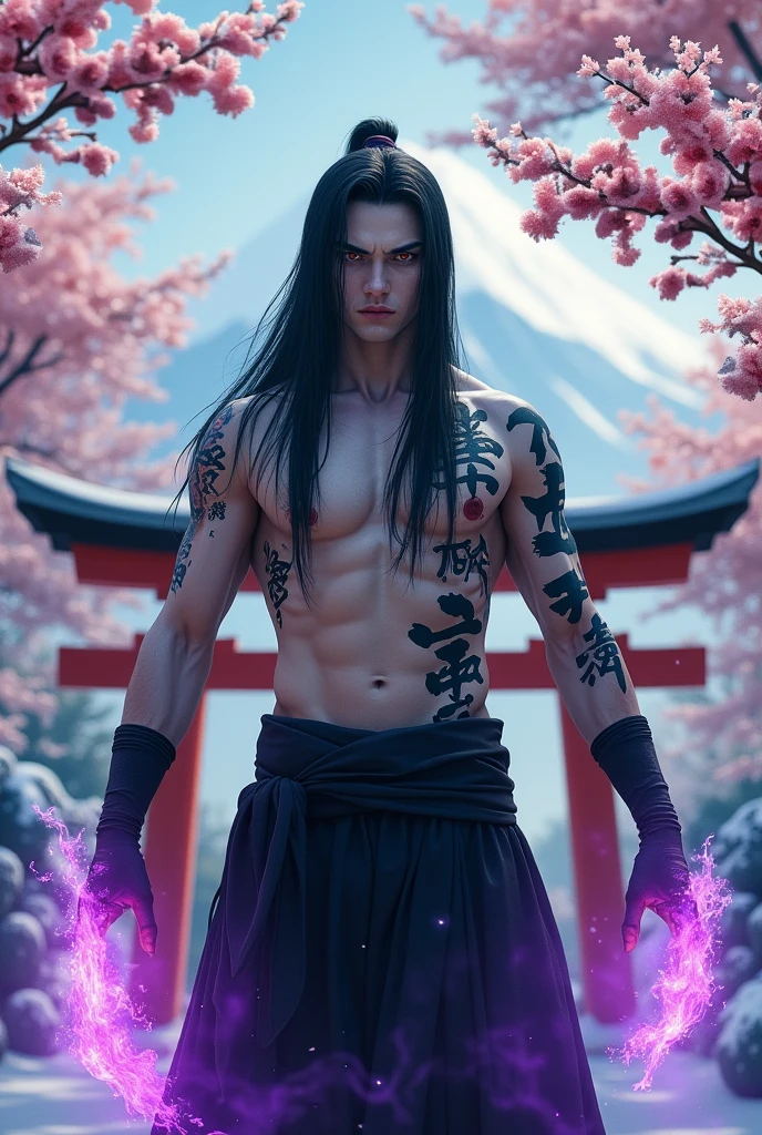 A male ninja with long straight black hair, white skin, black eyelids and lips, bright red eyes, Japanese characters tattooed on his body, wearing all-black pants, with purple flames appearing in both hands, standing on a torii gate surrounded by cherry trees and snow, with Mount Fuji behind him.