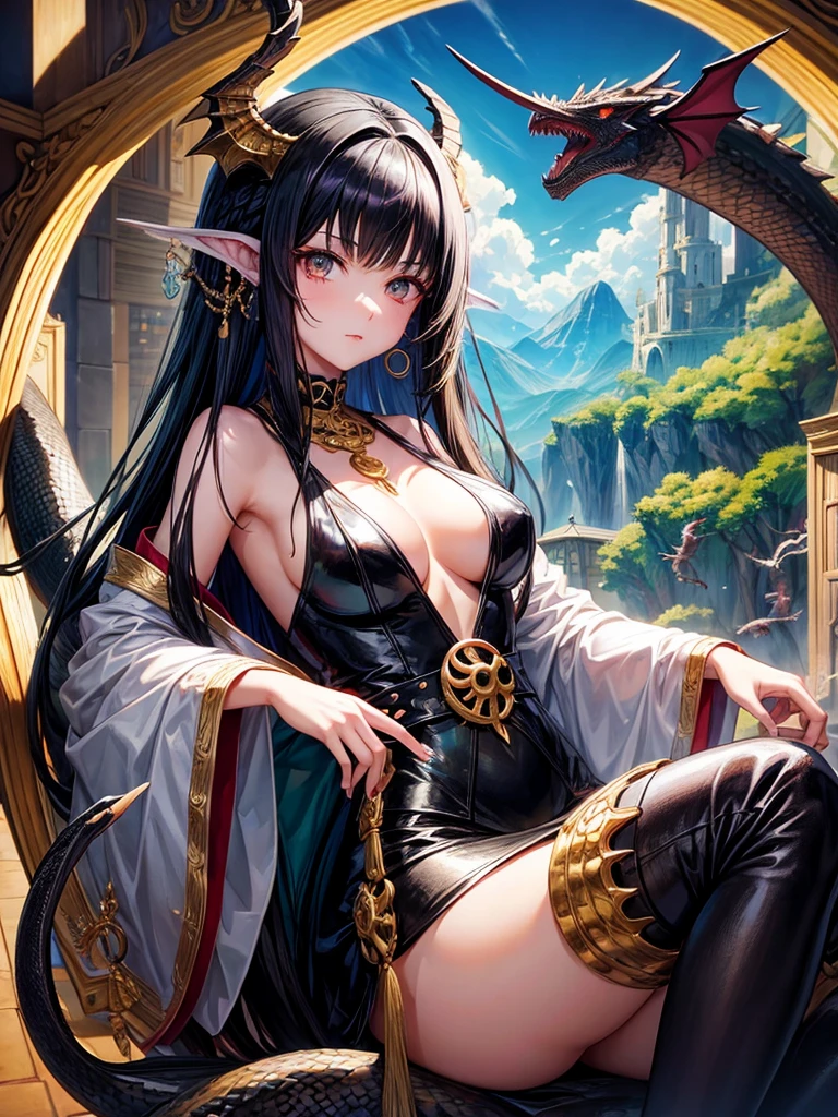 anime girl with black hair, a dragon on her head, a medusa snake in her hands, and a bird in her eyes