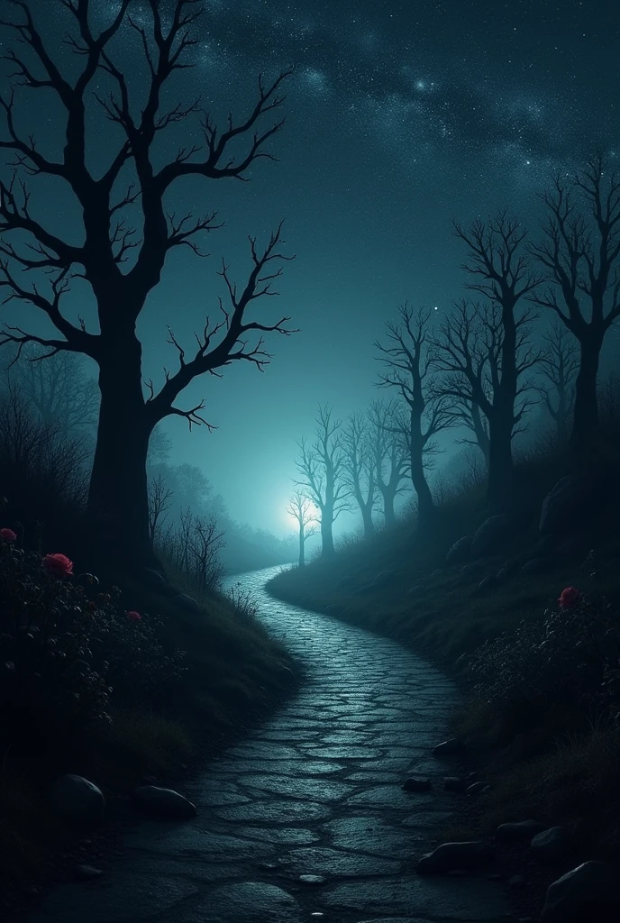 An image that is dark around, and in the center a light like a light at the end of the tunnel, with a path in the middle of the dark with big dry trees, below, rose bushes with thorns that gradually sprout roses on the sides of the leaves, above a starry sky as if it were hope. in the central part empty space to add text