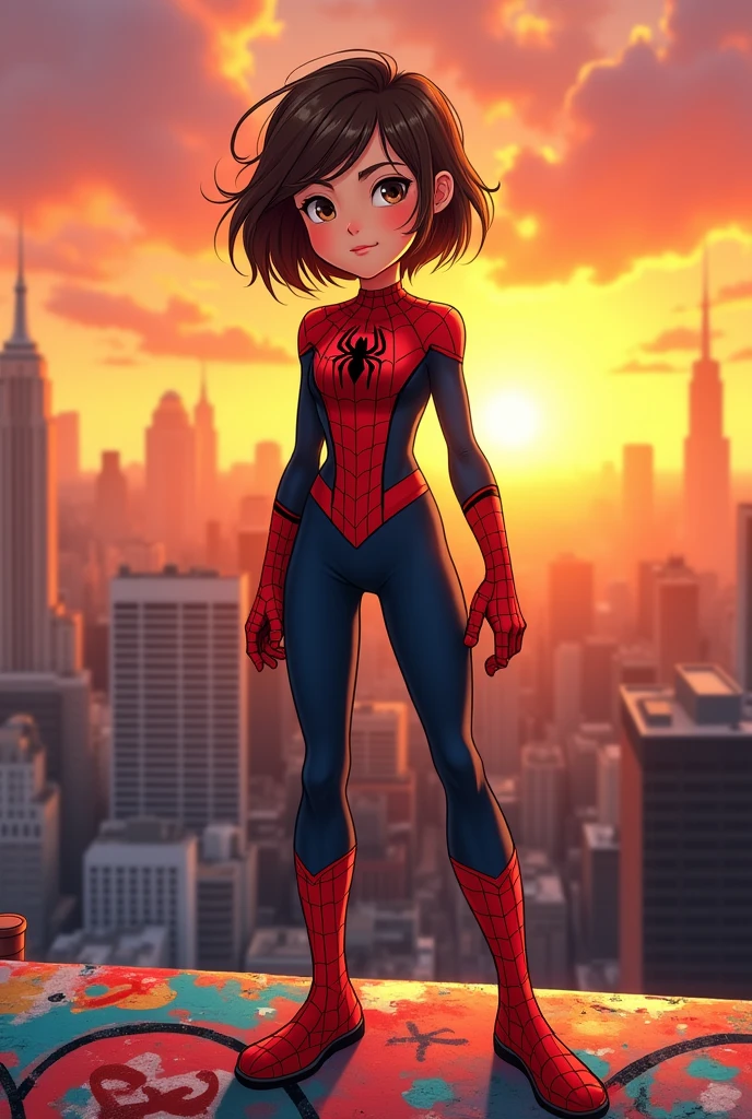 A 15 year old girl,very short hair, color cafe, light brown eyes, pale skin, with a black and red spiderman suit, and without the mask (cartoon style)