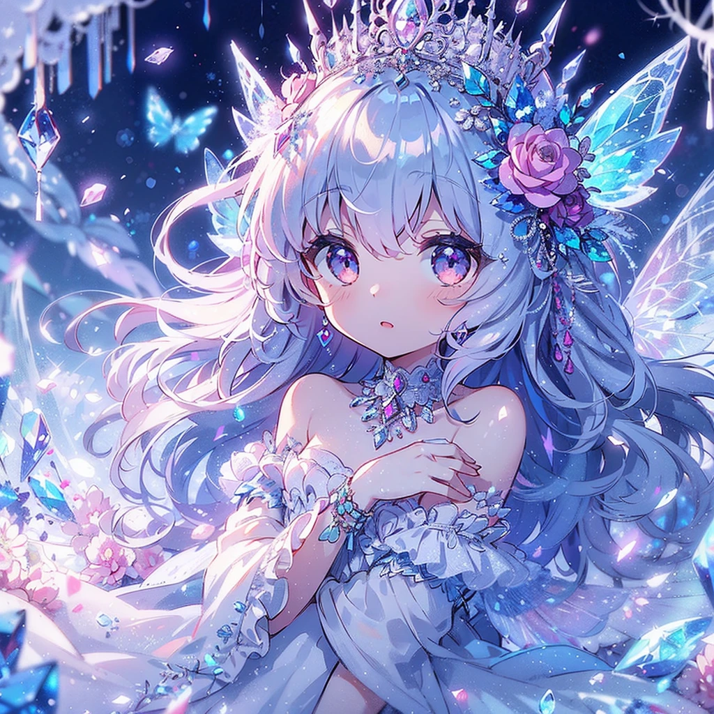 (Exquisite, beautiful, Very detailed, masterpiece, high quality, High resolution),(Soft and thin lines: 1.2, Beautiful and delicate face, Pixiv-inspired anime illustration,Illustration style printed on nijijourney, A cute illustration style of a beautiful girl in pastel colors that is going viral among Japanese people on Twitter),Shot from a distance so that the whole body is visible, (In the dark, freezing cold scenery, an ice fairy princess with diamond fairy wings growing from her back is floating in the air, her hands wrapped in white cold air and ice magic, and she is using beautiful ice magic.),Frozen surface, flowers, and trees,Ice crystals, (Ice tiara, earrings, necklace, and Mond bracelet,Diamond Rings,), ((A gorgeous ball gown dress with lots of frills inspired by ice and snow.:1.1, Balloon sleeves, Diamonds and ribbons and lace and frills, Beautiful diamond fairy wings from the back:1.5)), (Cold-hearted,A cool look,Pale pink, plump lips,Fair skin, Transparent eyes,Large Bust,Good style),snow,Ice crystals