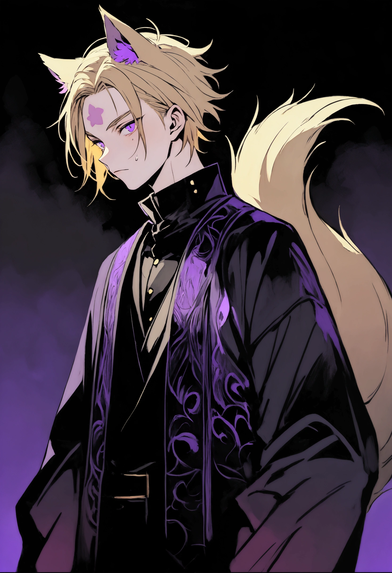 Young adult with small scars on his face, short messy blonde hair, dark purple eyes and a Black moon-shaped mark on his forehead, simple dark-colored clothes, wolf ears and tail